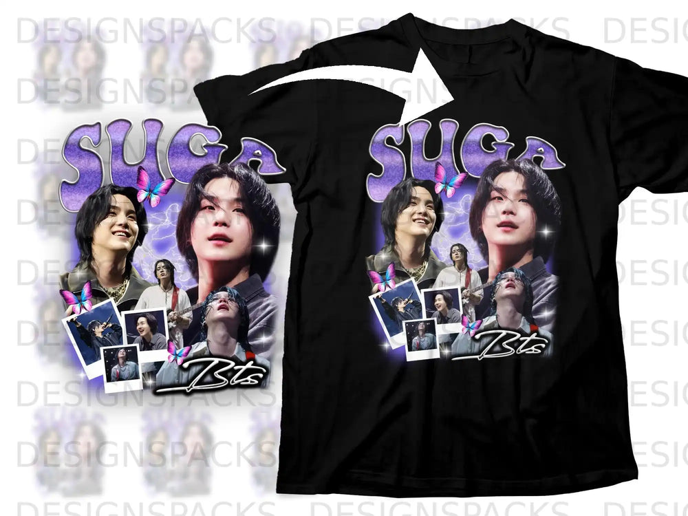 Black t-shirt with graphic of Suga from BTS, surrounded by smaller photos and butterflies.