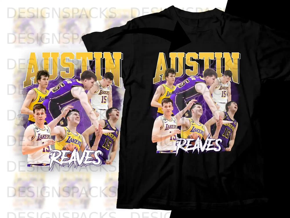 Austin Reaves Lakers basketball graphic on black t-shirt.