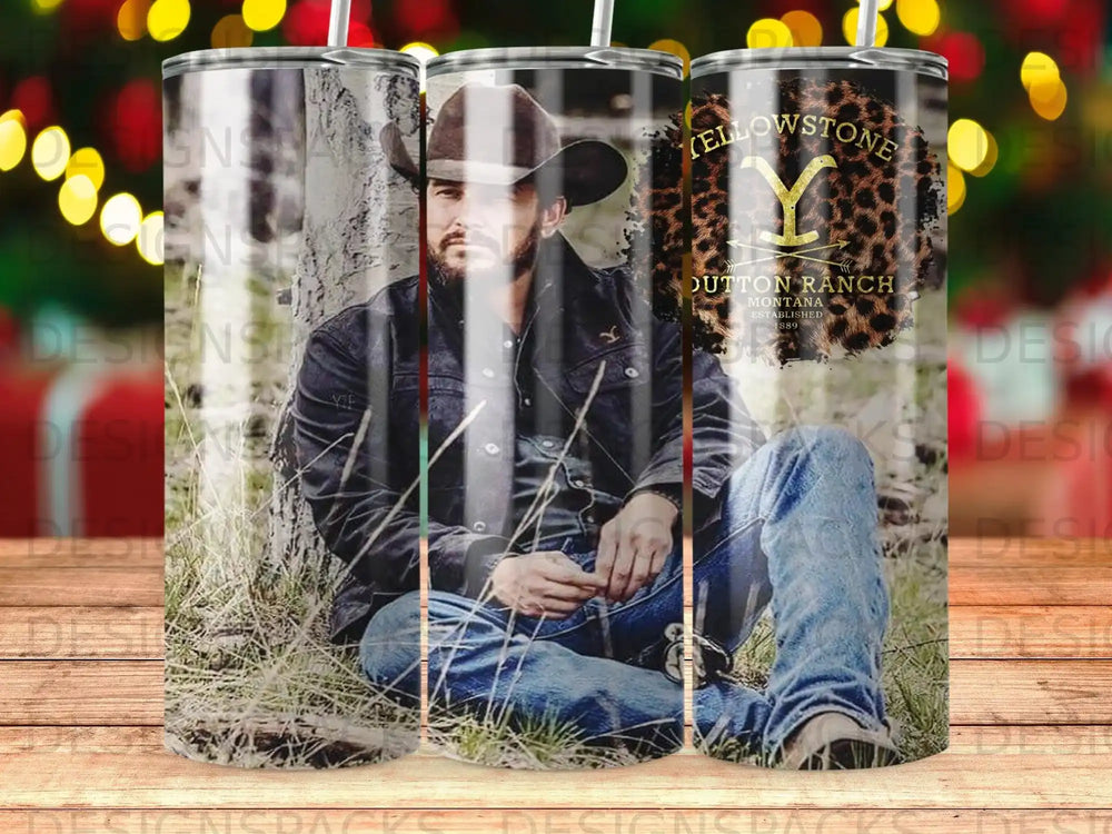 Yellowstone Dutton Ranch Montana tumbler featuring a man in a hat and jacket.