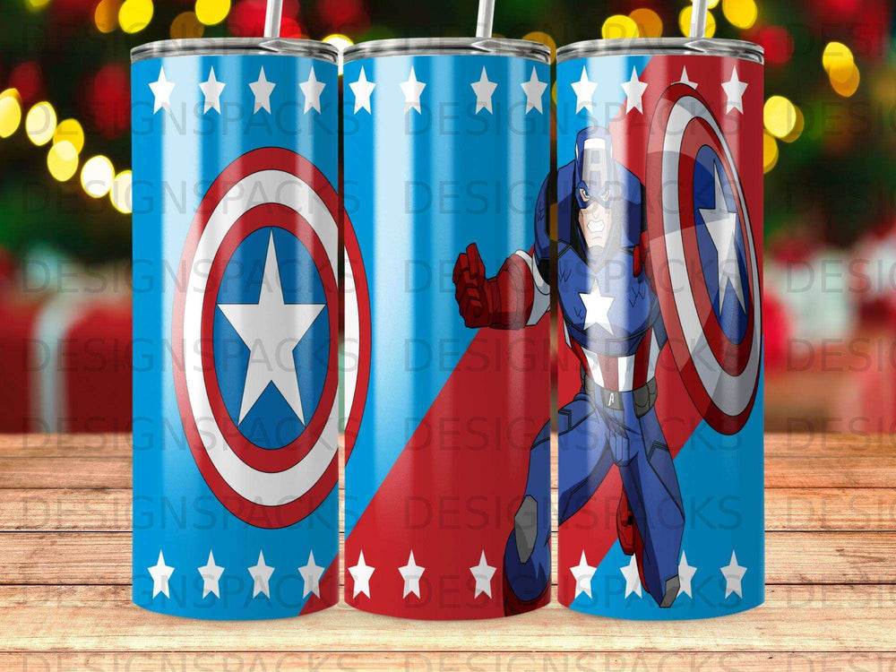 Captain America tumbler with stars and stripes pattern.