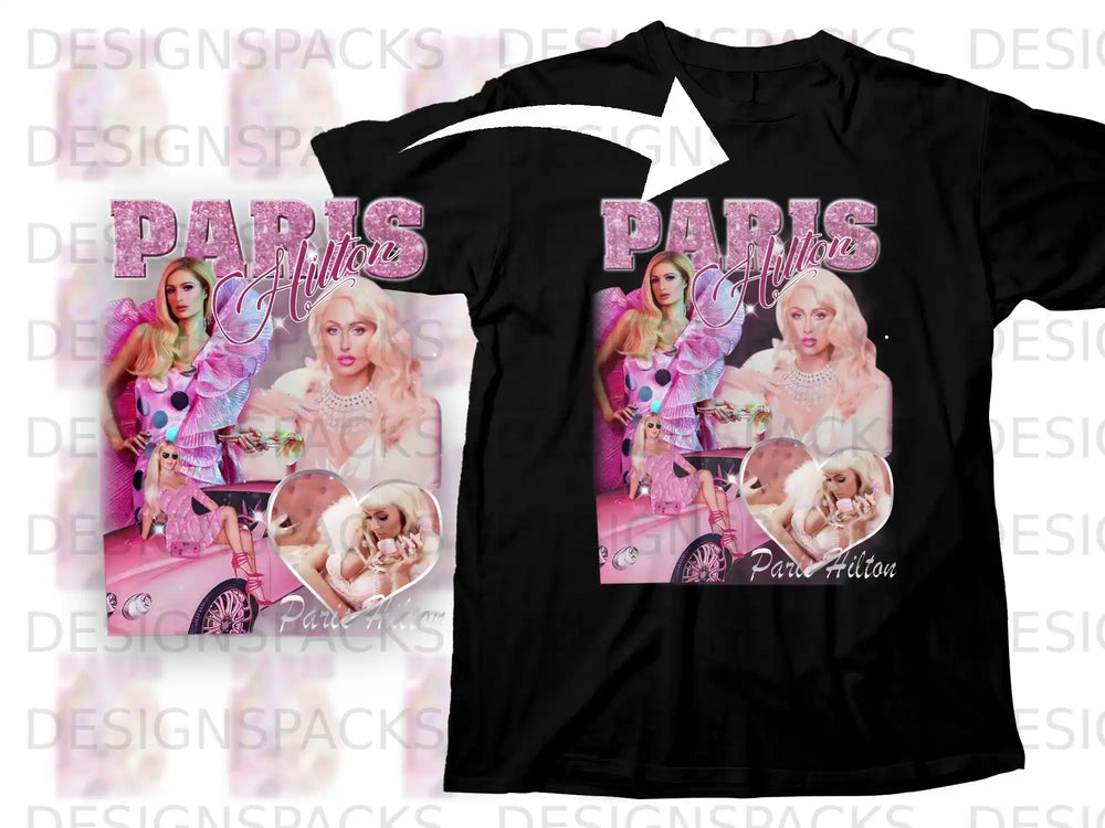 T-shirt featuring Paris Hilton in a pink car with Paris text.