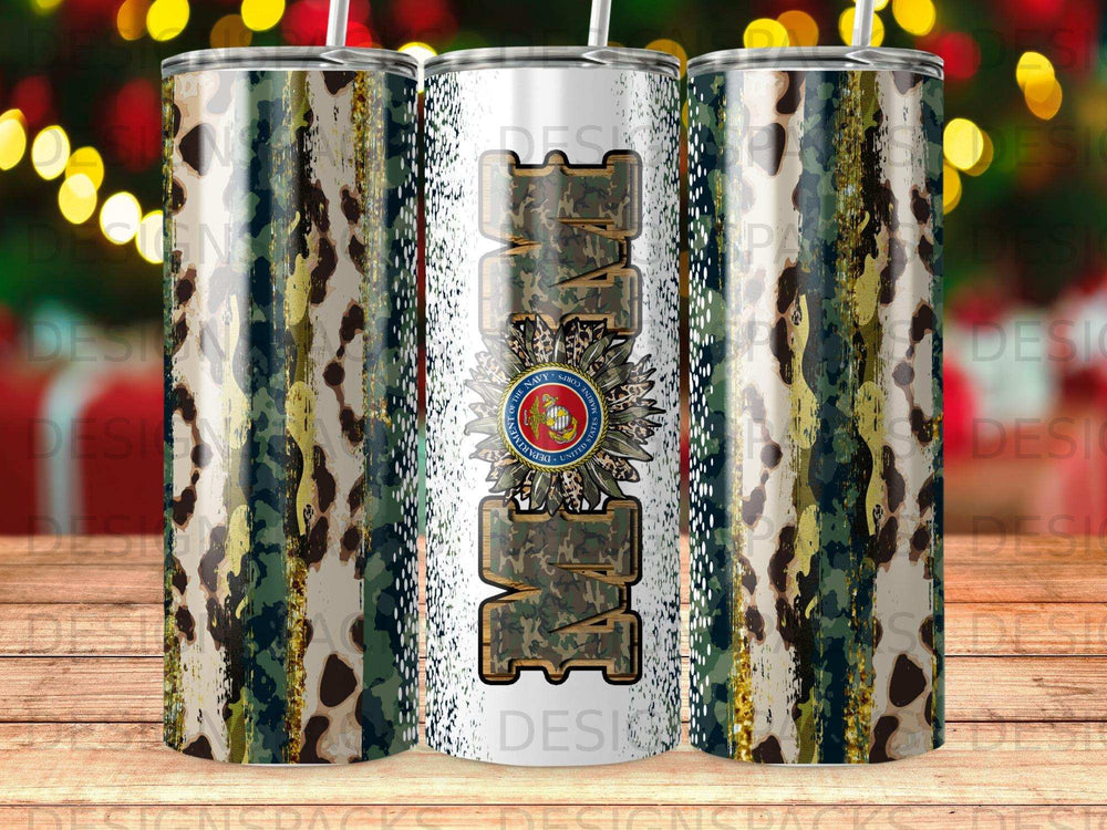 "Mom" text with US Navy seal and camouflage pattern tumbler design.
