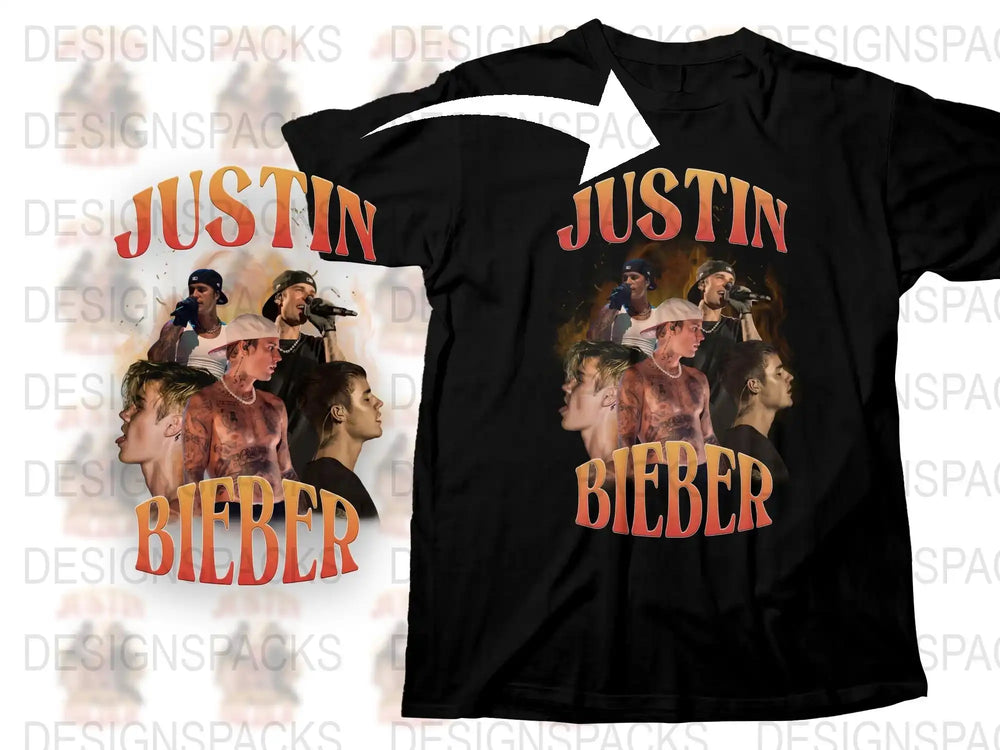 Justin Bieber Graphic T-Shirt, Music Artist Pop Star Fan Merchandise, Black Tee with Celebrity Photo Collage Design