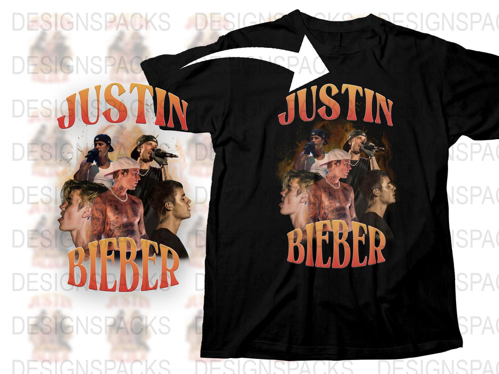 Justin Bieber Graphic T-Shirt, Music Artist Pop Star Fan Merchandise, Black Tee with Celebrity Photo Collage Design
