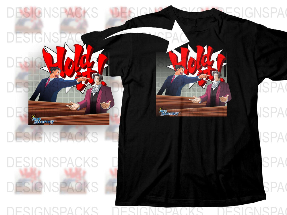 Anime Courtroom Scene T-Shirt, Bold HOLD Text Design, Graphic Tee for Anime Fans, Unisex Black Cotton Shirt