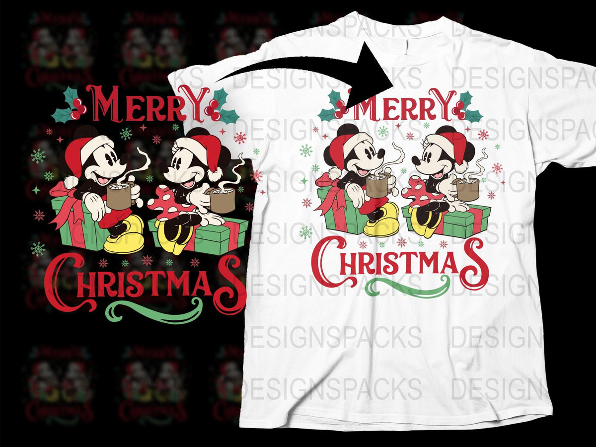 Merry Christmas Disney T-Shirt, Vintage Mickey Minnie Graphic Tee, Holiday Casual Wear, Festive Family Matching Shirts