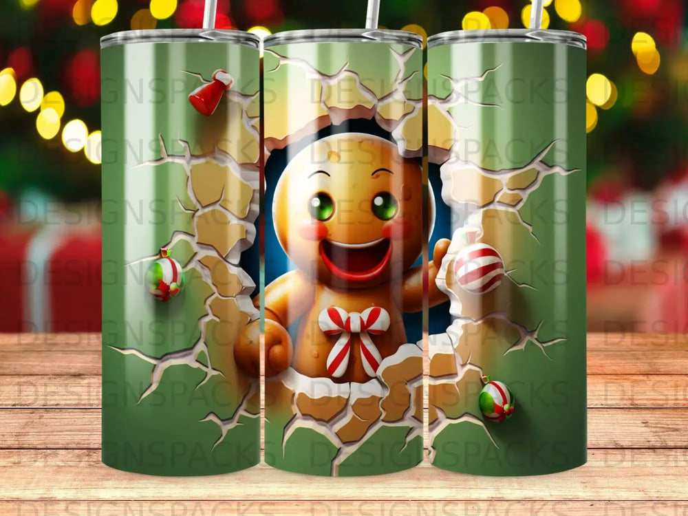 Gingerbread man peeking through cracked, festive green tumbler design.