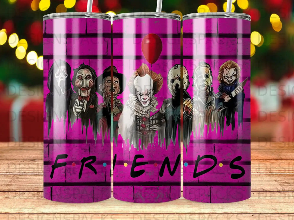 Horror movie characters on a pink brick background with "Friends" text.