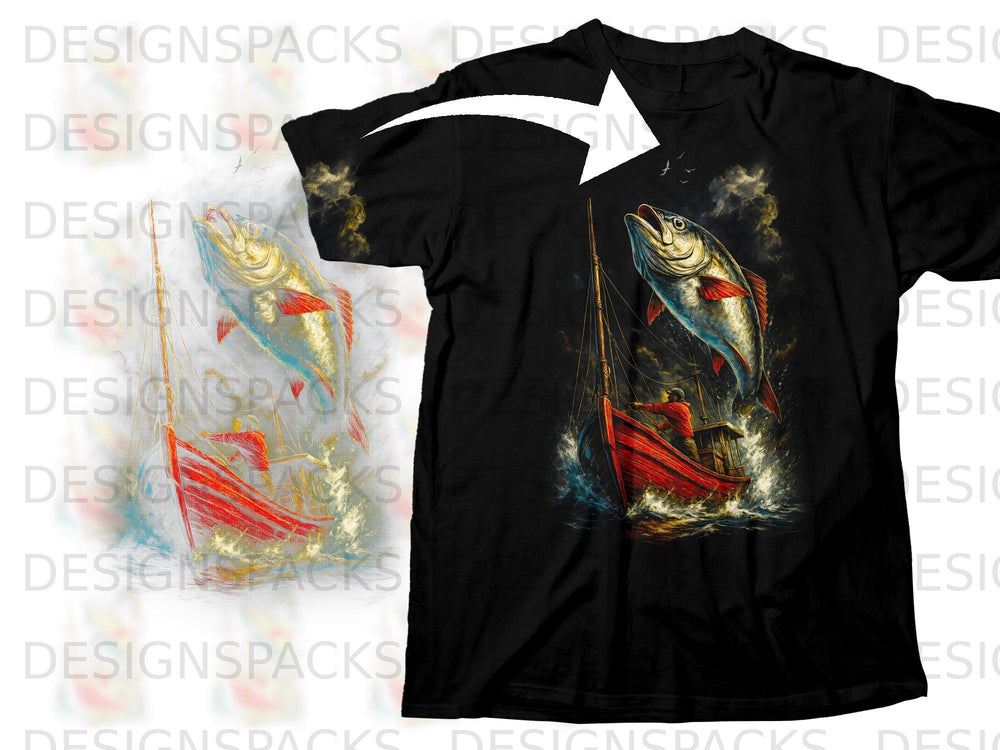 Black t-shirt featuring a leaping fish above a red fishing boat.