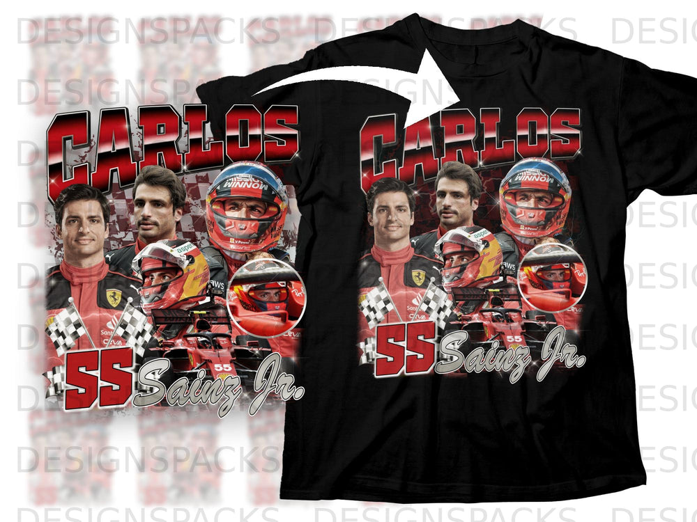 Carlos Sainz Jr. artwork with checkered flags and racing cars on a black t-shirt.
