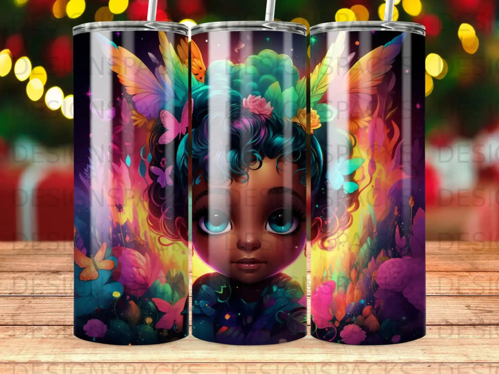 Child with butterfly wings and colorful floral background on a tumbler.