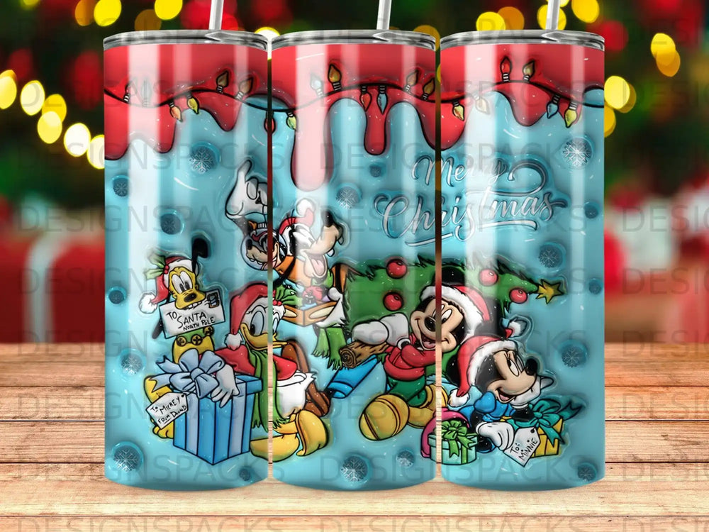 Mickey Mouse and friends with Christmas tree and lights, "Merry Christmas" text.