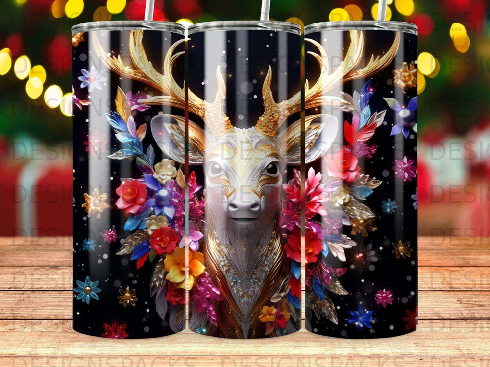 Golden deer with ornate antlers surrounded by vibrant flowers on a black background.