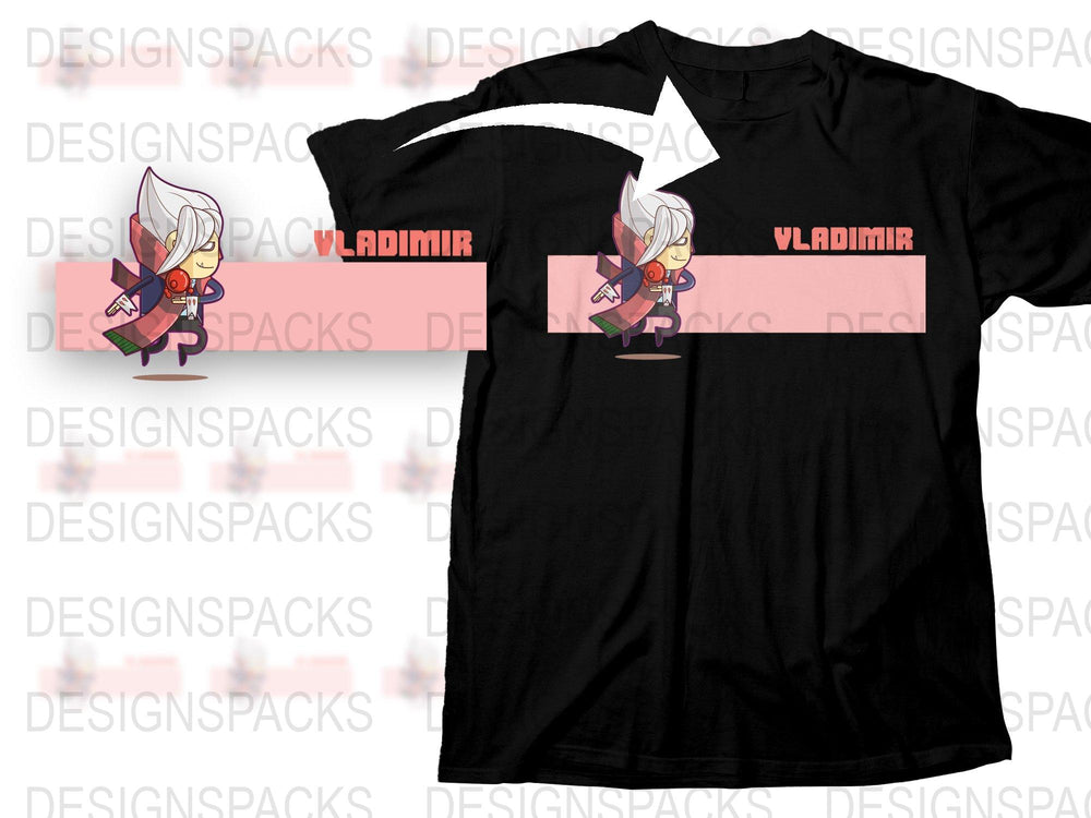 Black T-Shirt with Vladimir Anime Character Design, Casual Unisex Graphic Tee