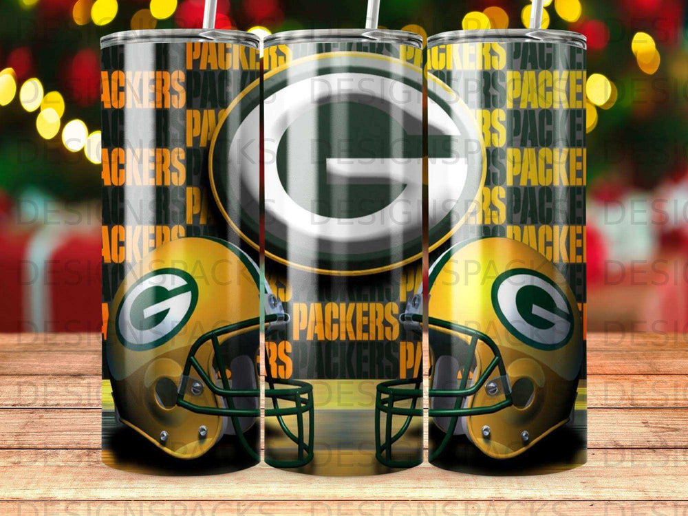 Green Bay Packers helmet and logo on a patterned tumbler.