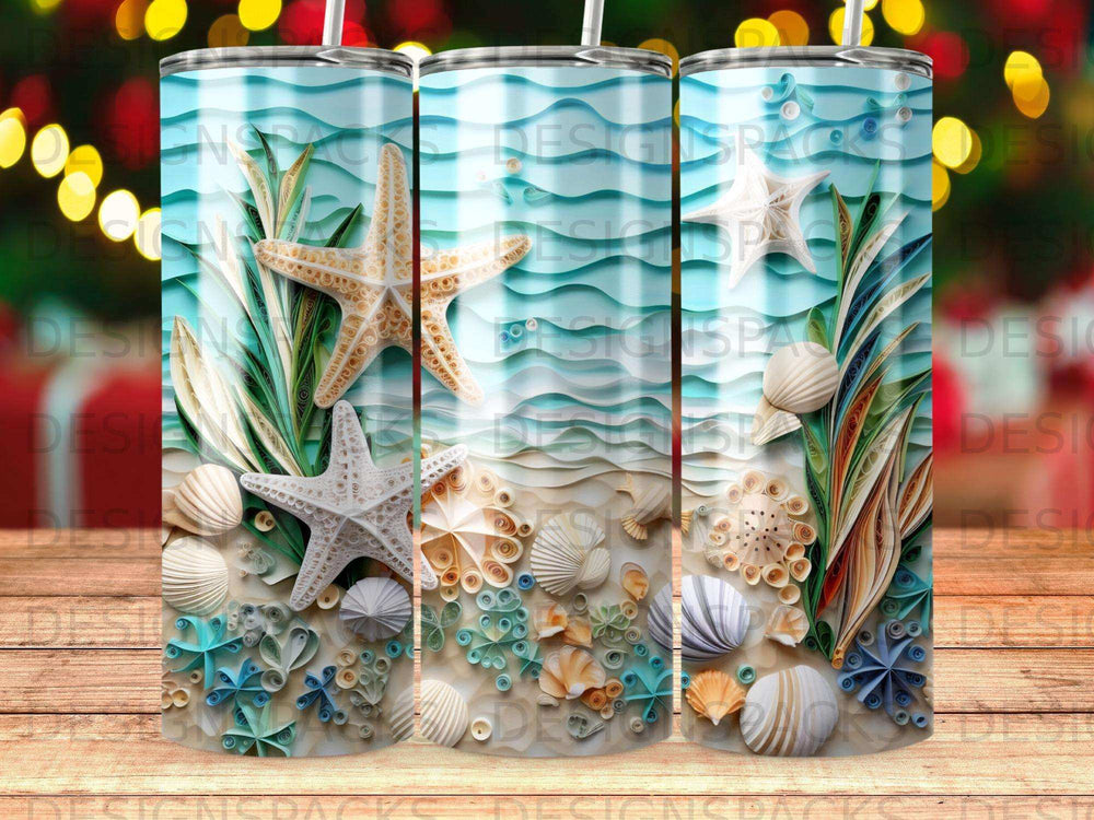 Starfish and seashells on a beach with ocean waves, close-up.