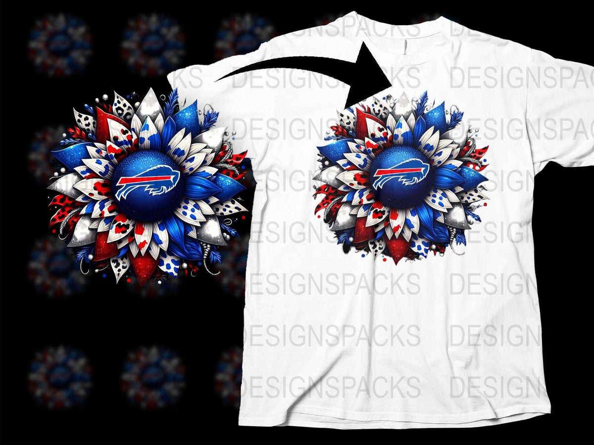 Buffalo Bills Inspired Floral Graphic T-Shirt, Blue and Red Sports Fan Apparel, Unique Football Team Design Tee