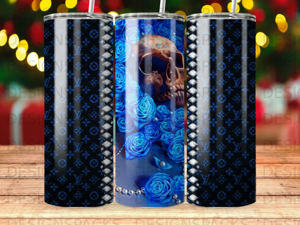 Dark tumbler with skull and blue roses design, monogram background.