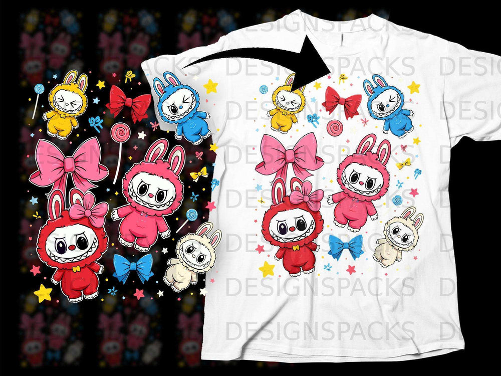Cute Cartoon Characters with Bows and Stars Shirt