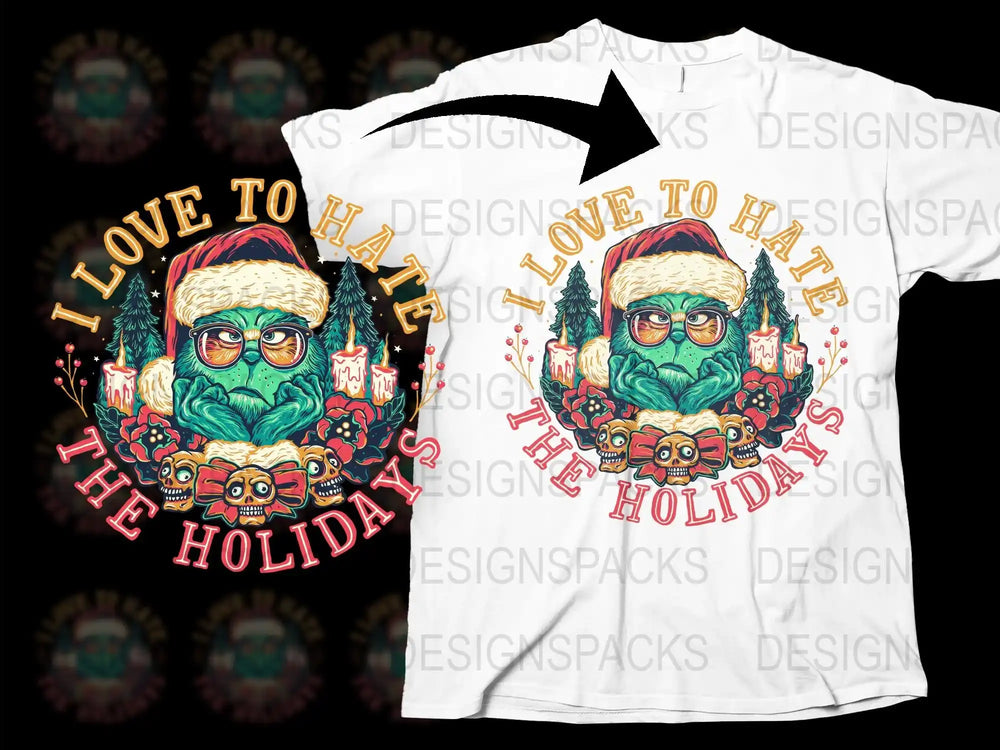 Funny Christmas T-Shirt, I Love to Hate the Holidays, Hipster Santa, Gift Idea