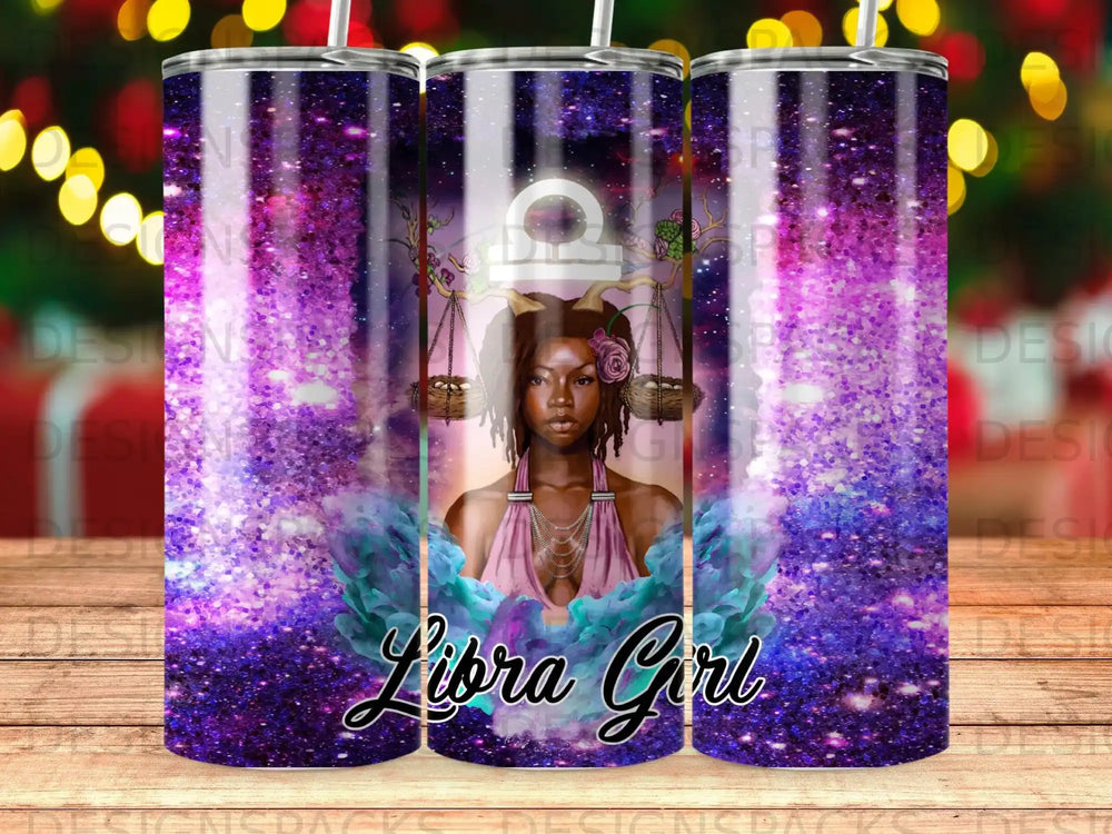 A woman with intricate braided hair, holding a Libra zodiac sign, on a glittery purple background.