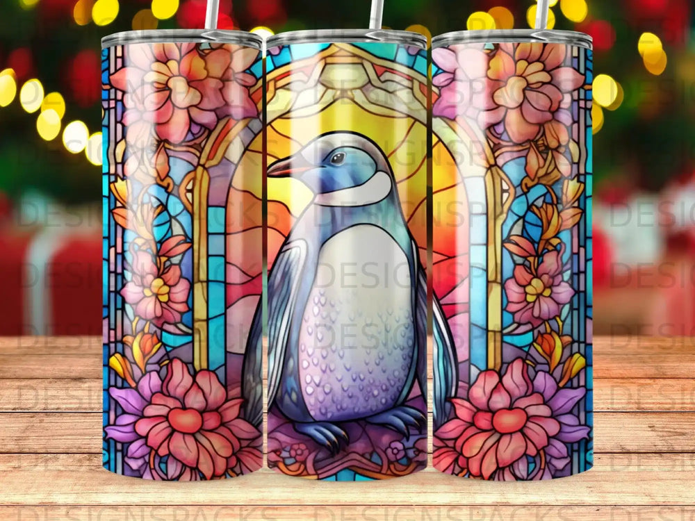 Stained glass penguin with floral border and bokeh background.