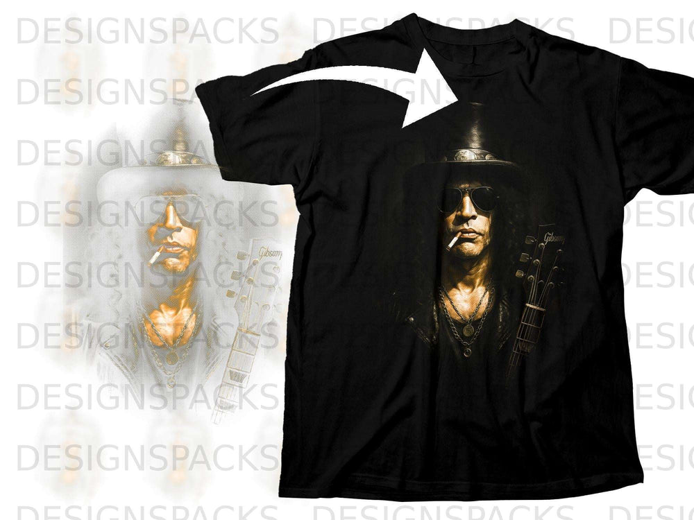 Black t-shirt with gold graphic of a man in a hat and sunglasses holding a guitar.