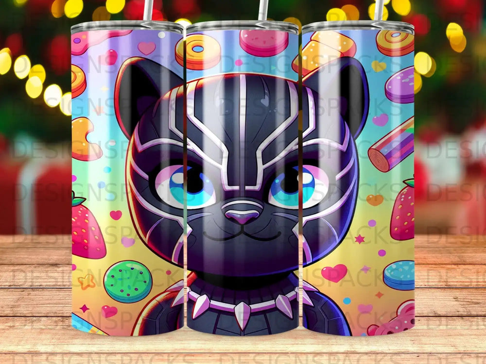 Black Panther cat character with donuts and candy on colorful background.