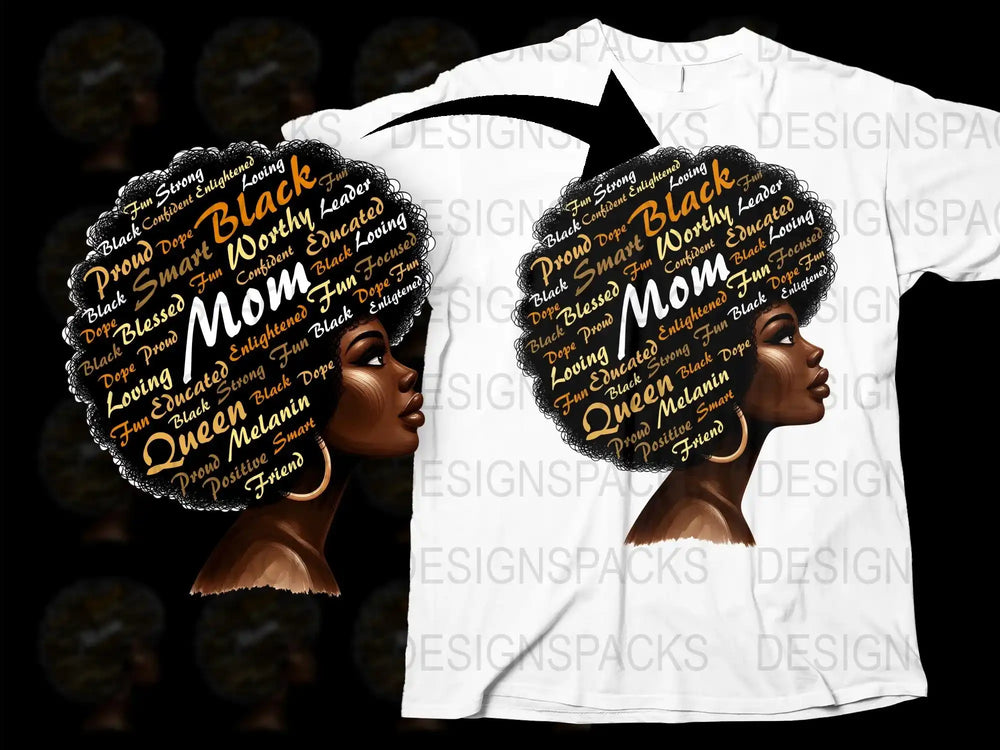 Black Queen Mom Afro T-Shirt, Inspirational Words Graphic Tee, African American Mother's Day Gift