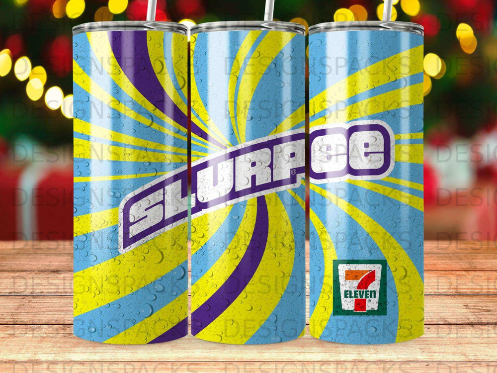 Slurpee logo with yellow and blue swirl background and Eleven logo.