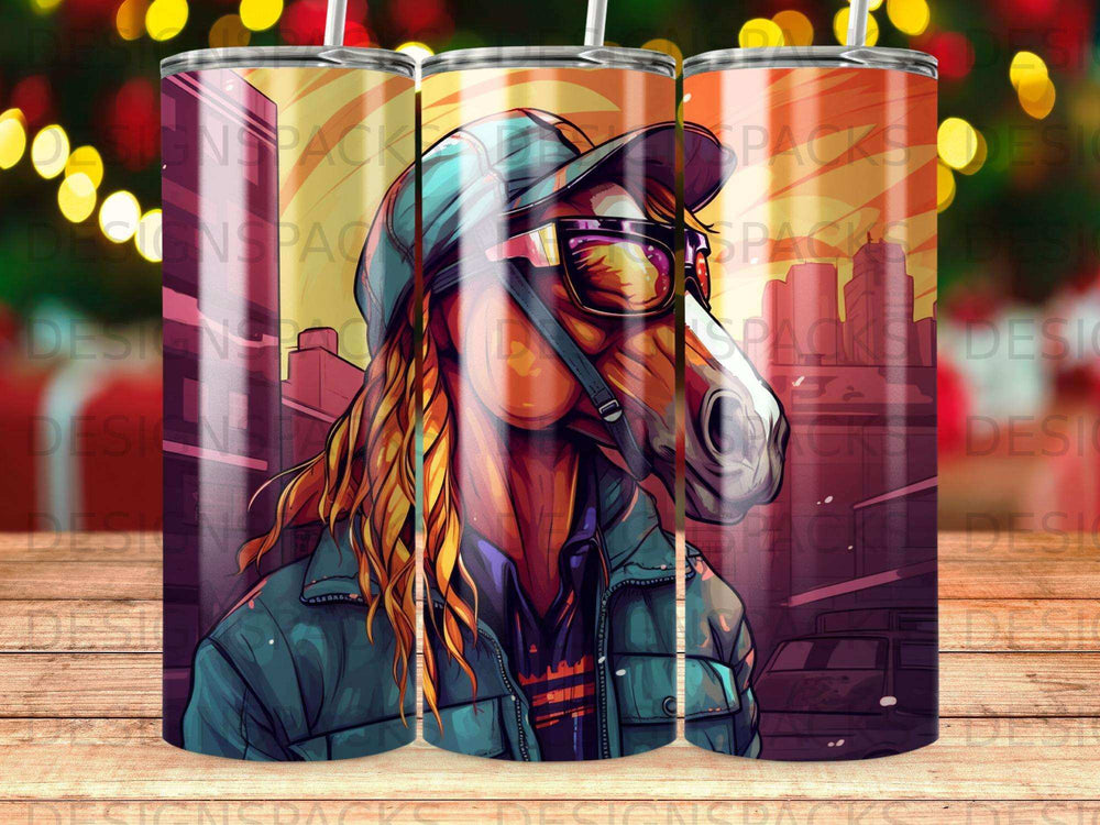 Horse wearing sunglasses and jacket in a city scene.
