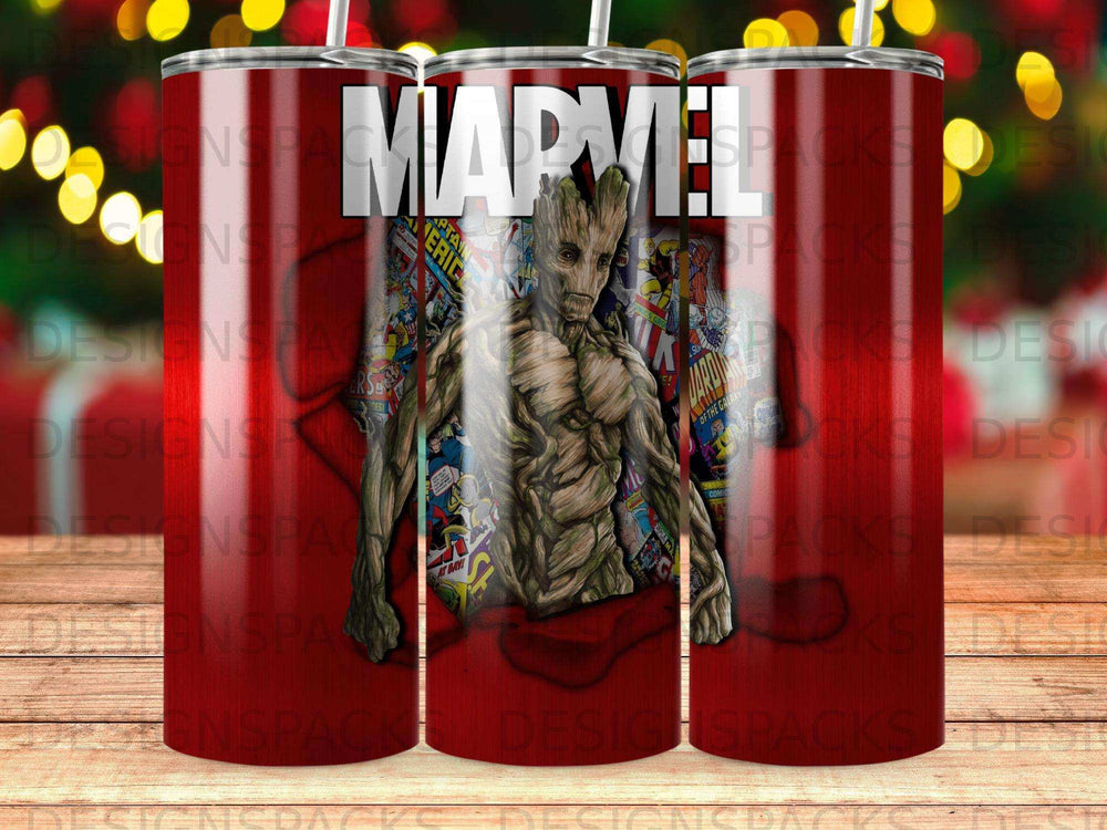Marvel comics cover art featuring Groot and Captain America on a tumbler.