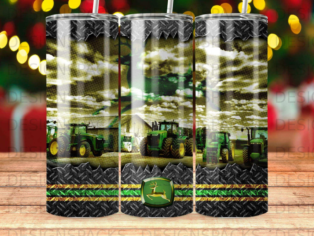 Green John Deere tractors with a diamond plate and wood grain pattern tumbler.
