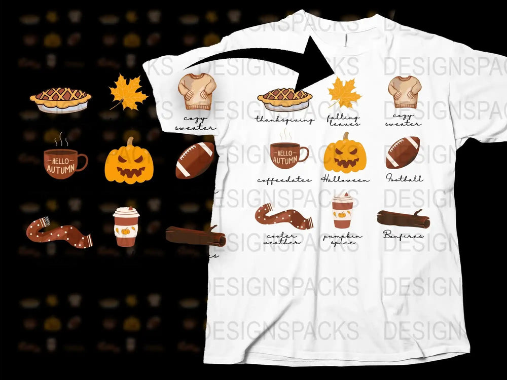 Autumn Themed T-Shirt, Fall Graphics, Pumpkins, Leaves, Coffee, Cozy Graphic Tee for Autumn Celebrations and Casual Wear.