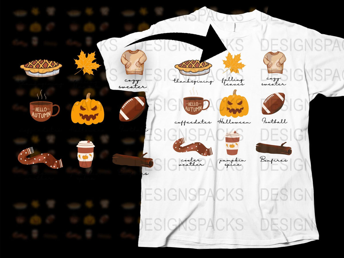 Autumn Themed T-Shirt, Fall Graphics, Pumpkins, Leaves, Coffee, Cozy Graphic Tee for Autumn Celebrations and Casual Wear.