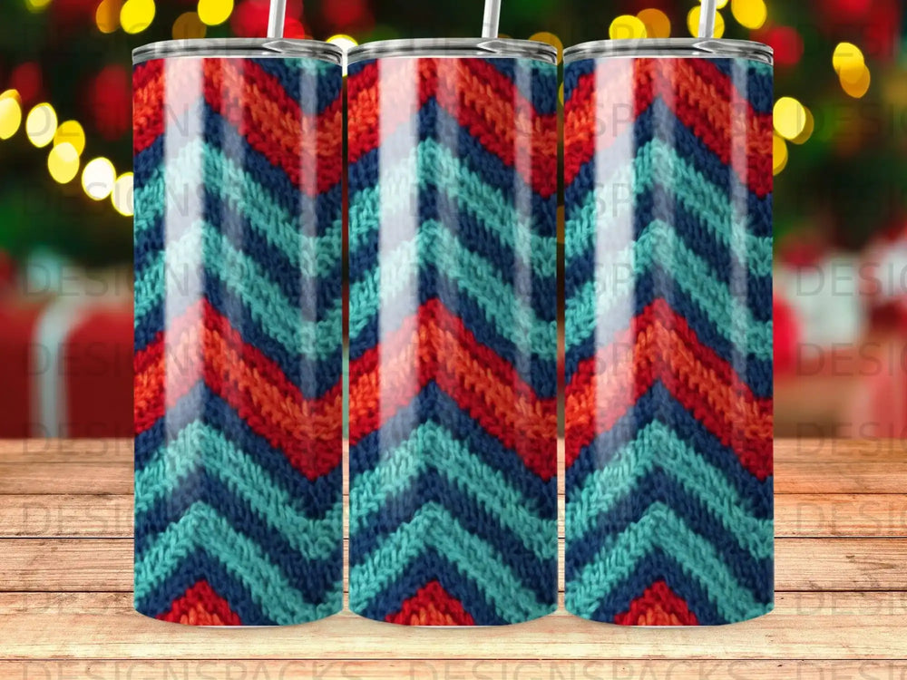 Three tumblers with chevron pattern in red, orange, and blue.