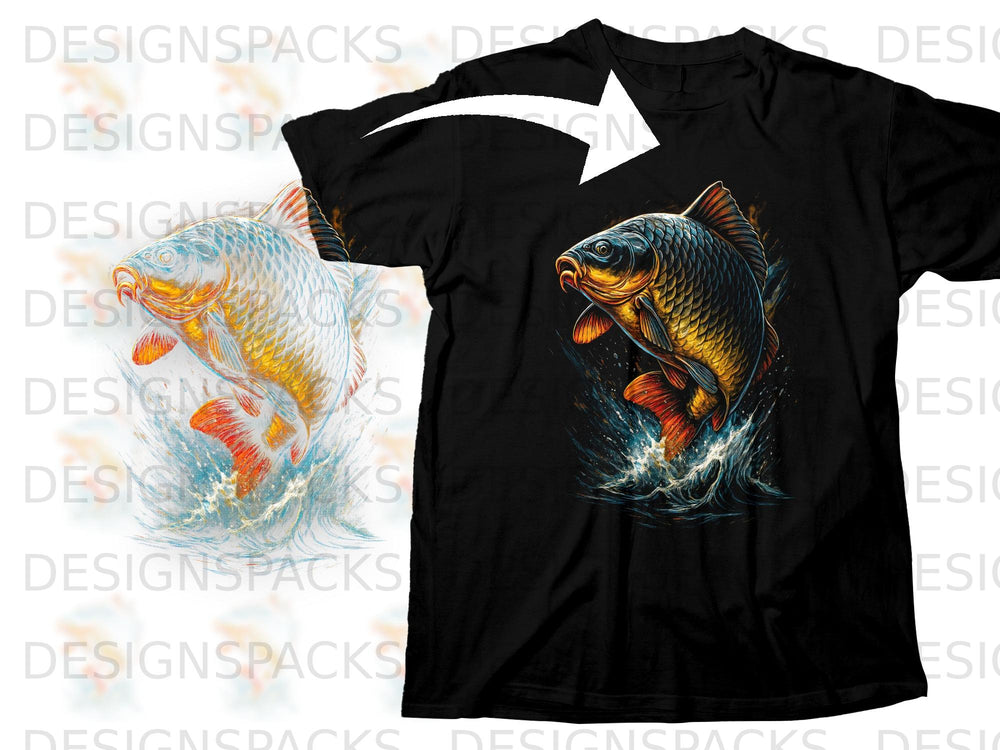 Black t-shirt with a splashing carp fish graphic, artwork shown on separate white background.