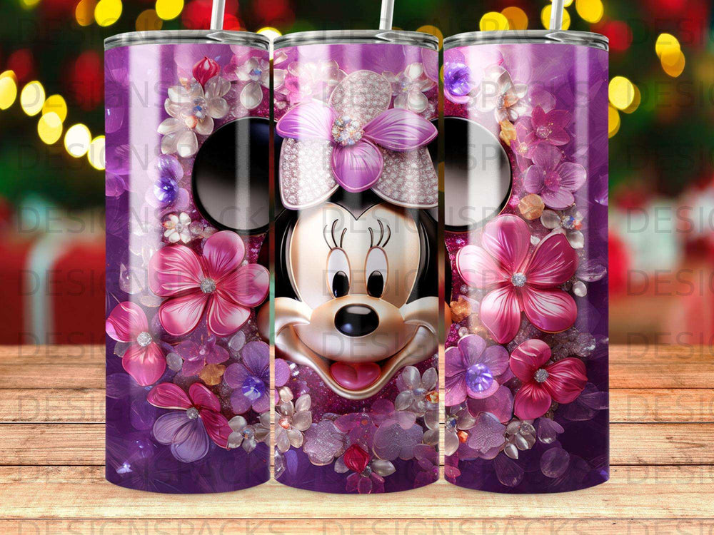 Minnie Mouse adorned with purple flowers and glitter on a purple background.
