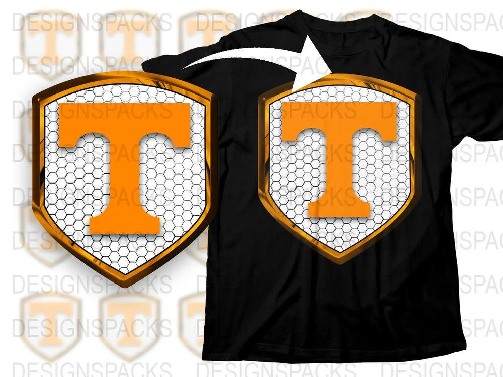 Men's Black T-Shirt with Orange Shield Logo, Graphic Tee, Casual Sporty Wear, Unique Design