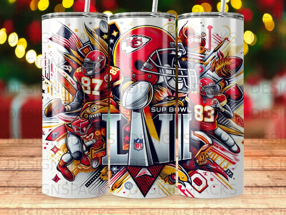 Kansas City Chiefs Super Bowl XXXVIII champions tumbler with player numbers 87 and 88.