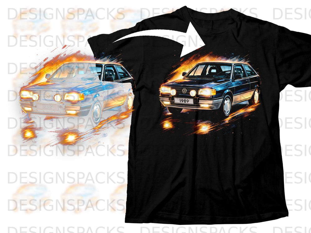 A black t-shirt printed with a dynamic watercolor illustration of a classic 1989 Volkswagen.