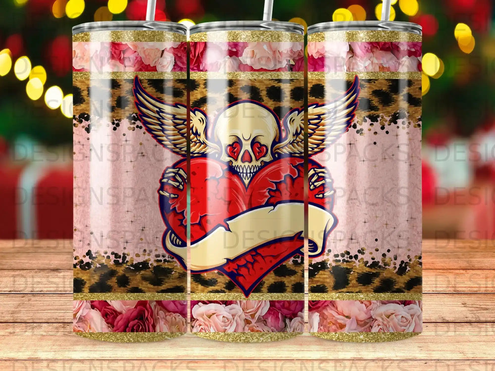 Tapered tumbler with heart, wings, skull, and floral leopard print design.