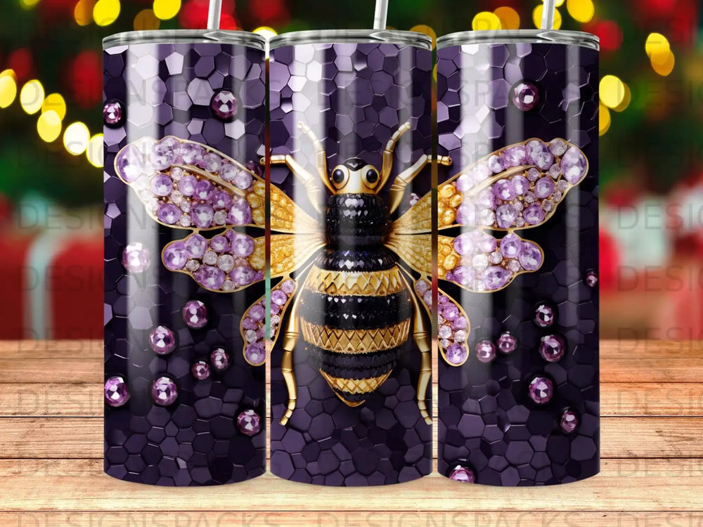 Bee adorned with jewels on a purple honeycomb background.