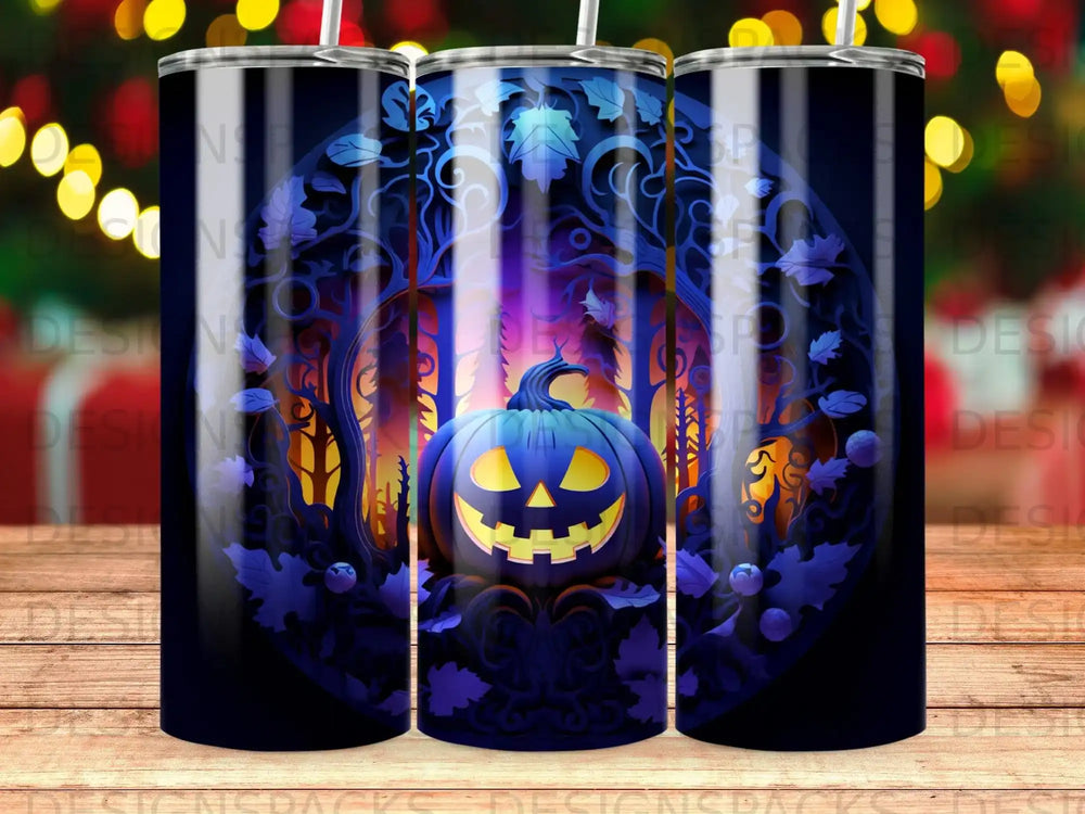 Halloween pumpkin with spooky forest background on a dark tumbler.