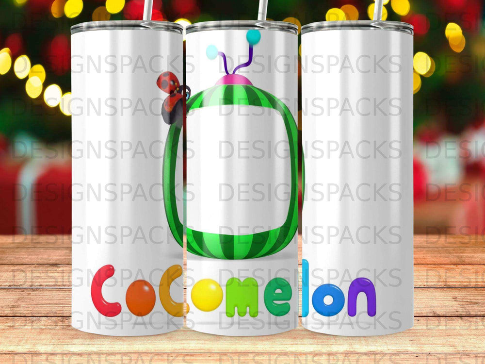 Cocomelon logo with a watermelon slice design on a tumbler.