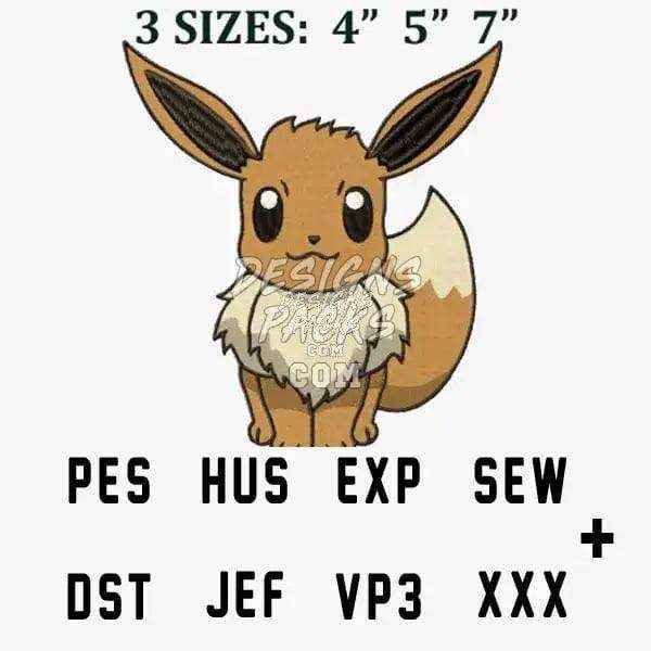 Eevee embroidery design in 3 sizes (4", 5", 7") with PES, DST, HUS, JEF formats for instant download