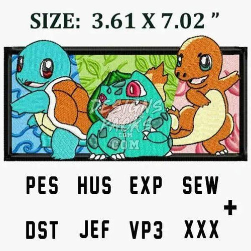 Embroidery design featuring Squirtle, Bulbasaur, and Charmander in vibrant colors, print-ready formats