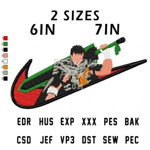 Embroidery design featuring athlete in Nike swoosh, available in 6in and 7in sizes, multiple file formats