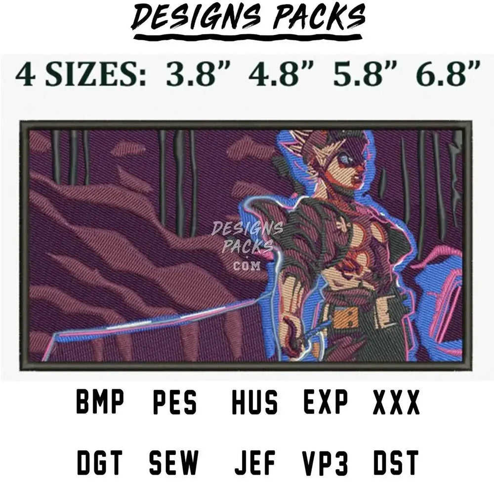 Embroidery design of a superhero with 4 sizes, available in PES, DST, and other formats for instant download.