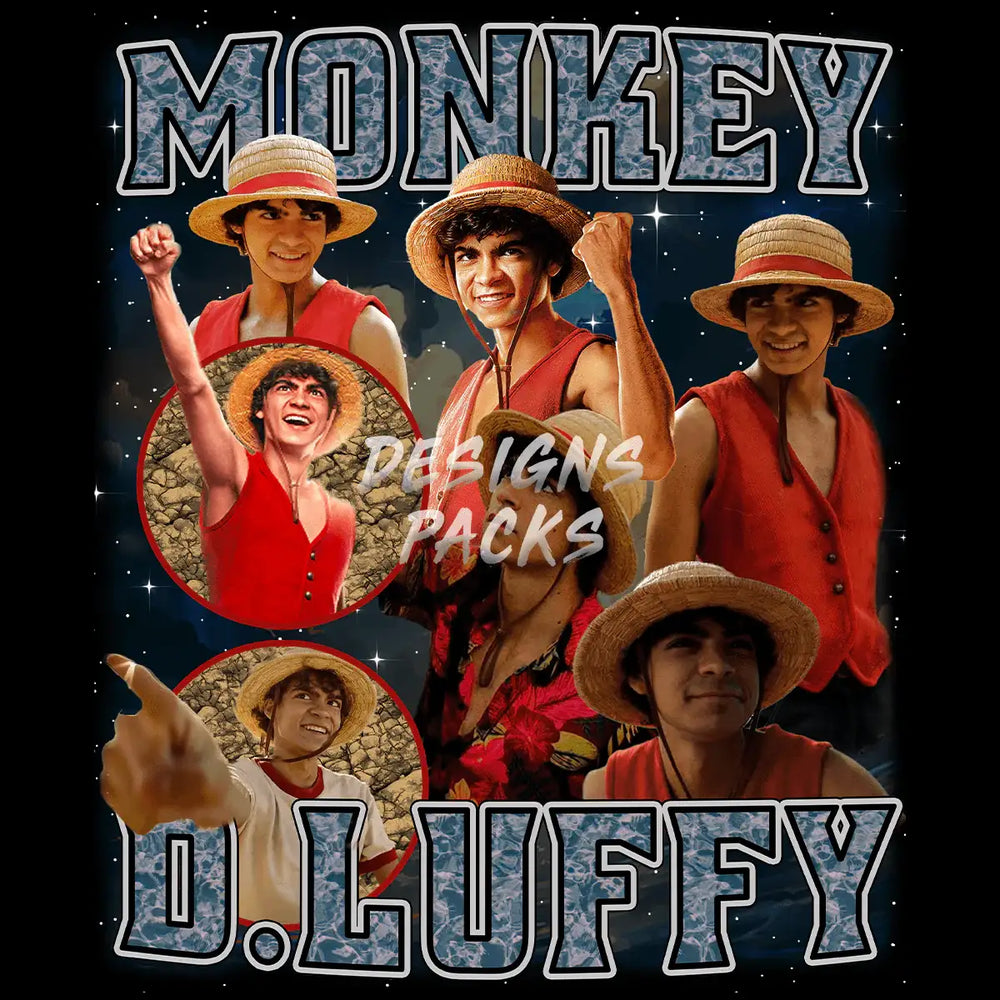 Monkey D. Luffy anime t-shirt design with straw hat, red vest, and starry background for DTG printing